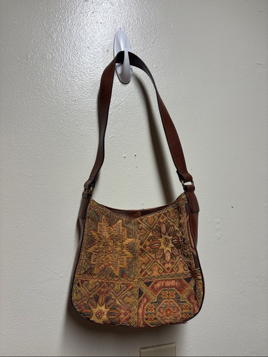 Handbags - VTG y2k Fossil tapestry hobo shoulder bag brown leather strap boho